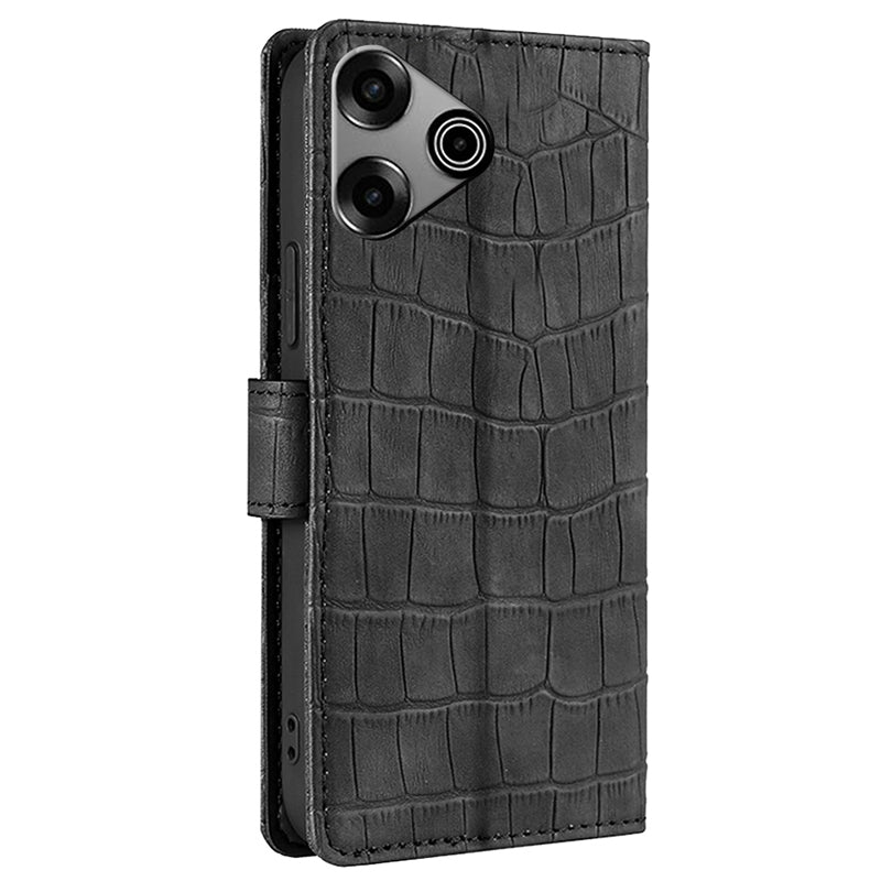 For Transsion Tecno Pova 6 Pro 5G Phone Case Wallet Stand Crocodile Texture Leather Cover - Black