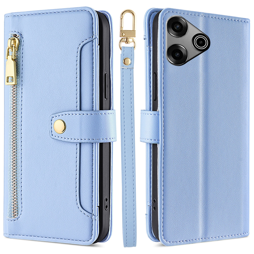 For Transsion Tecno Pova 6 Pro 5G Magnetic Phone Case Zipper Pocket Leather Cover with 2 Straps - Blue
