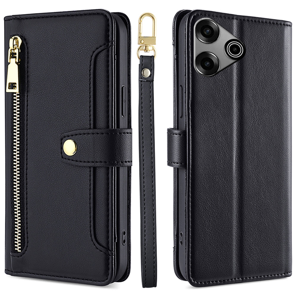 For Transsion Tecno Pova 6 Pro 5G Magnetic Phone Case Zipper Pocket Leather Cover with 2 Straps - Black