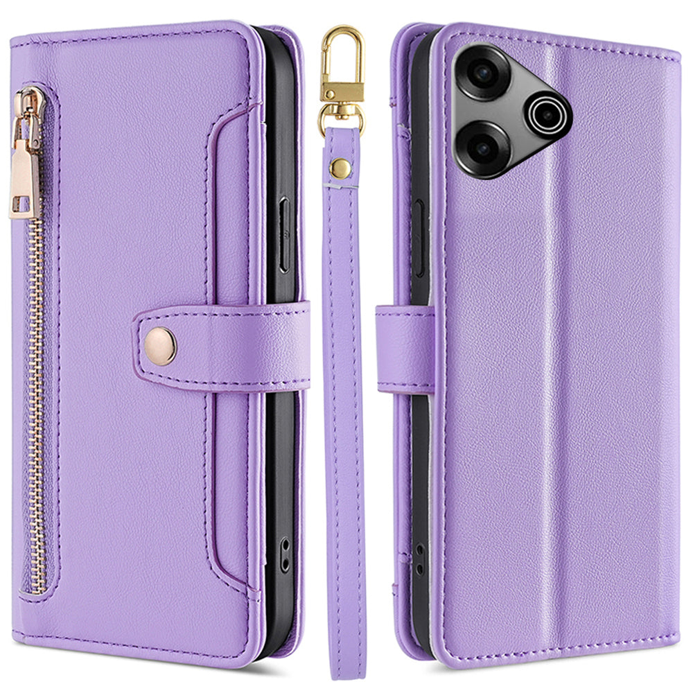 For Transsion Tecno Pova 6 Pro 5G Magnetic Phone Case Zipper Pocket Leather Cover with 2 Straps - Purple