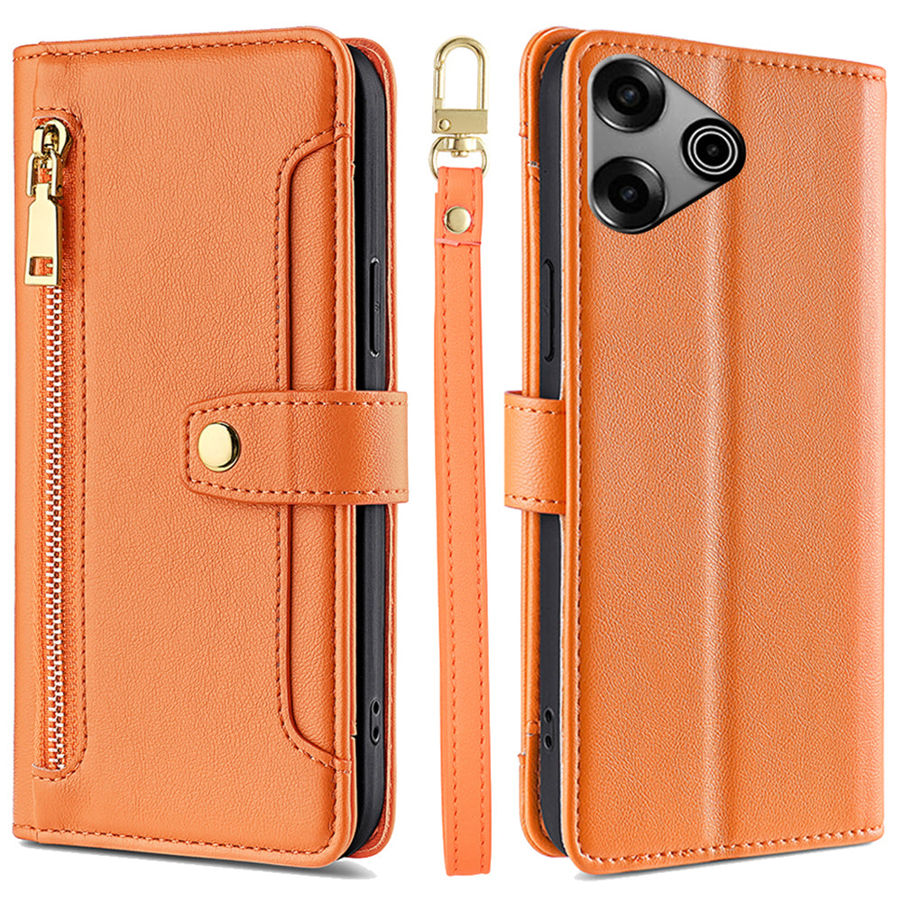 For Transsion Tecno Pova 6 Pro 5G Magnetic Phone Case Zipper Pocket Leather Cover with 2 Straps - Orange