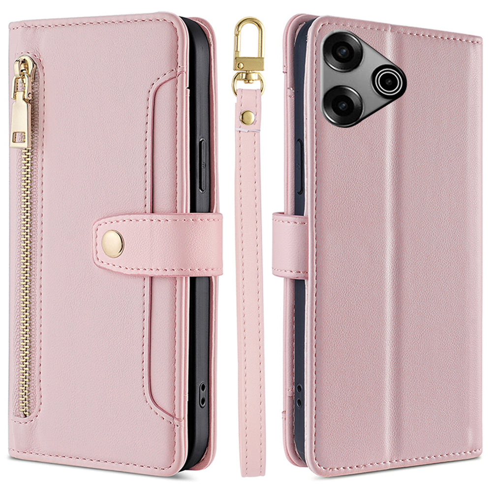 For Transsion Tecno Pova 6 Pro 5G Magnetic Phone Case Zipper Pocket Leather Cover with 2 Straps - Pink