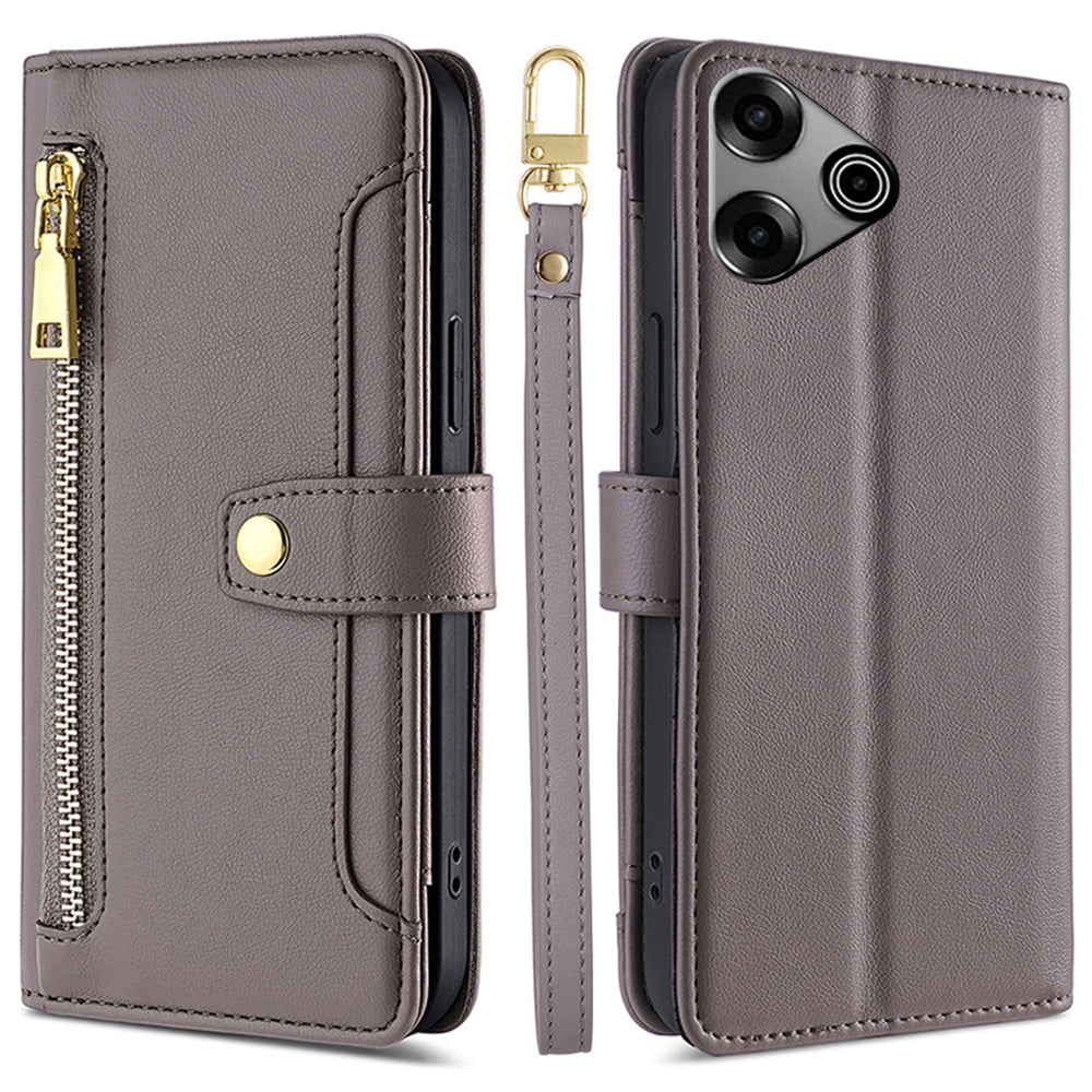 For Transsion Tecno Pova 6 Pro 5G Magnetic Phone Case Zipper Pocket Leather Cover with 2 Straps - Grey