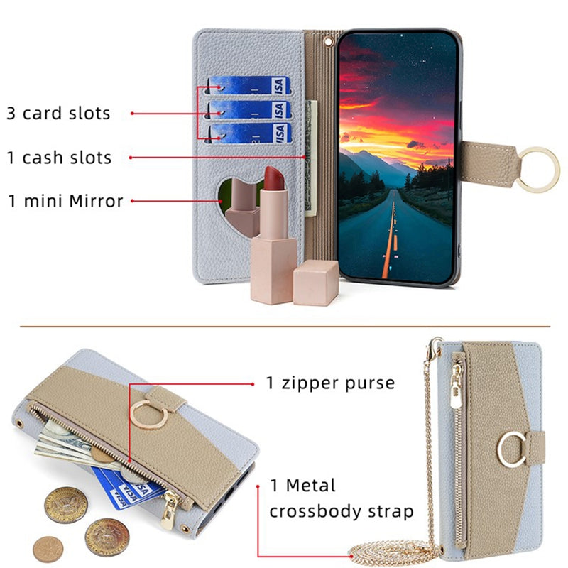 For Transsion Tecno Pova 6 Pro 5G Case Zipper Wallet Mirror Phone Leather Cover with Shoulder Strap - Blue
