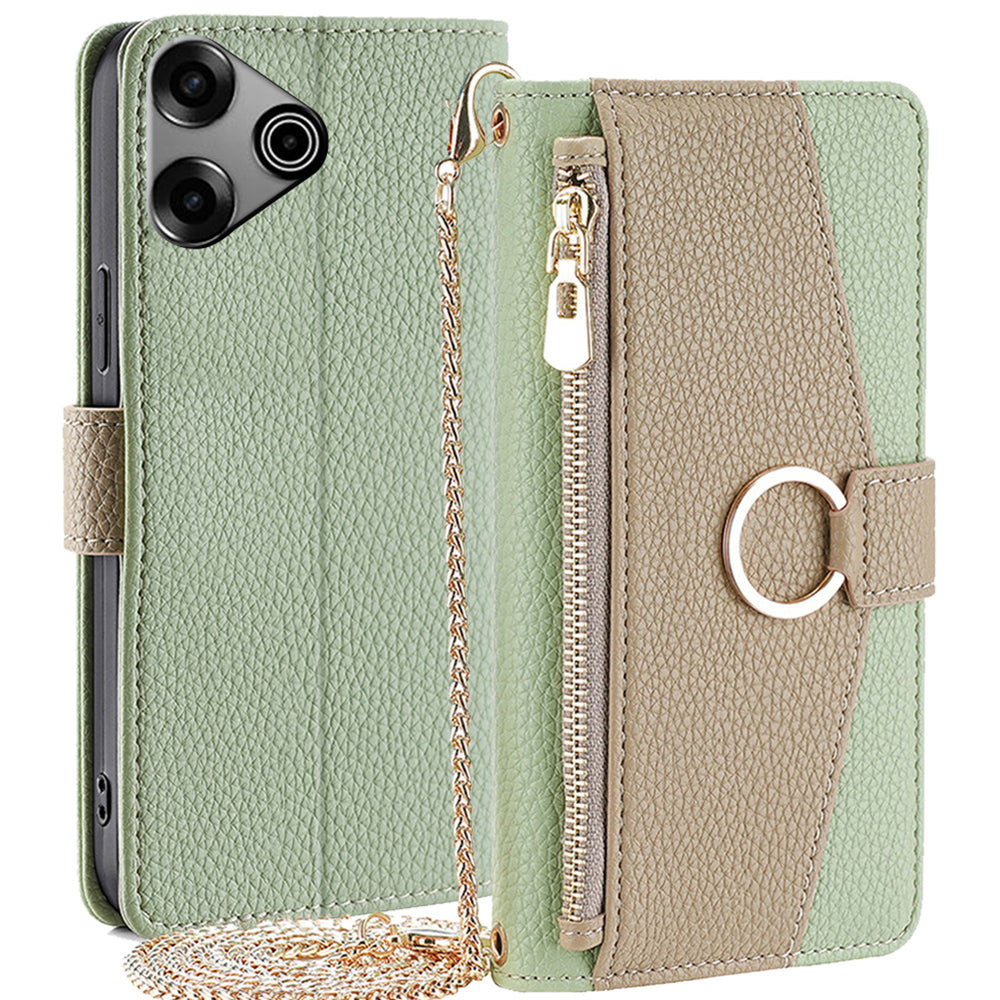 For Transsion Tecno Pova 6 Pro 5G Case Zipper Wallet Mirror Phone Leather Cover with Shoulder Strap - Green