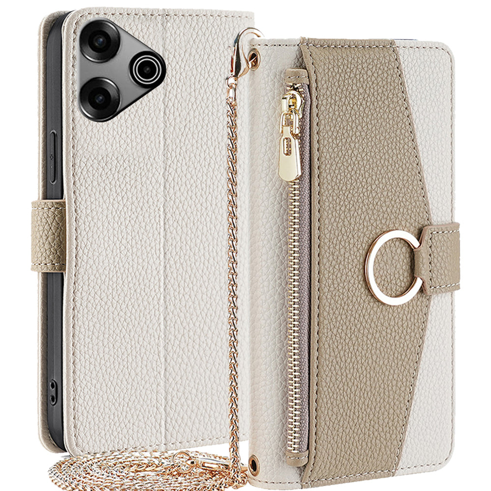 For Transsion Tecno Pova 6 Pro 5G Case Zipper Wallet Mirror Phone Leather Cover with Shoulder Strap - White