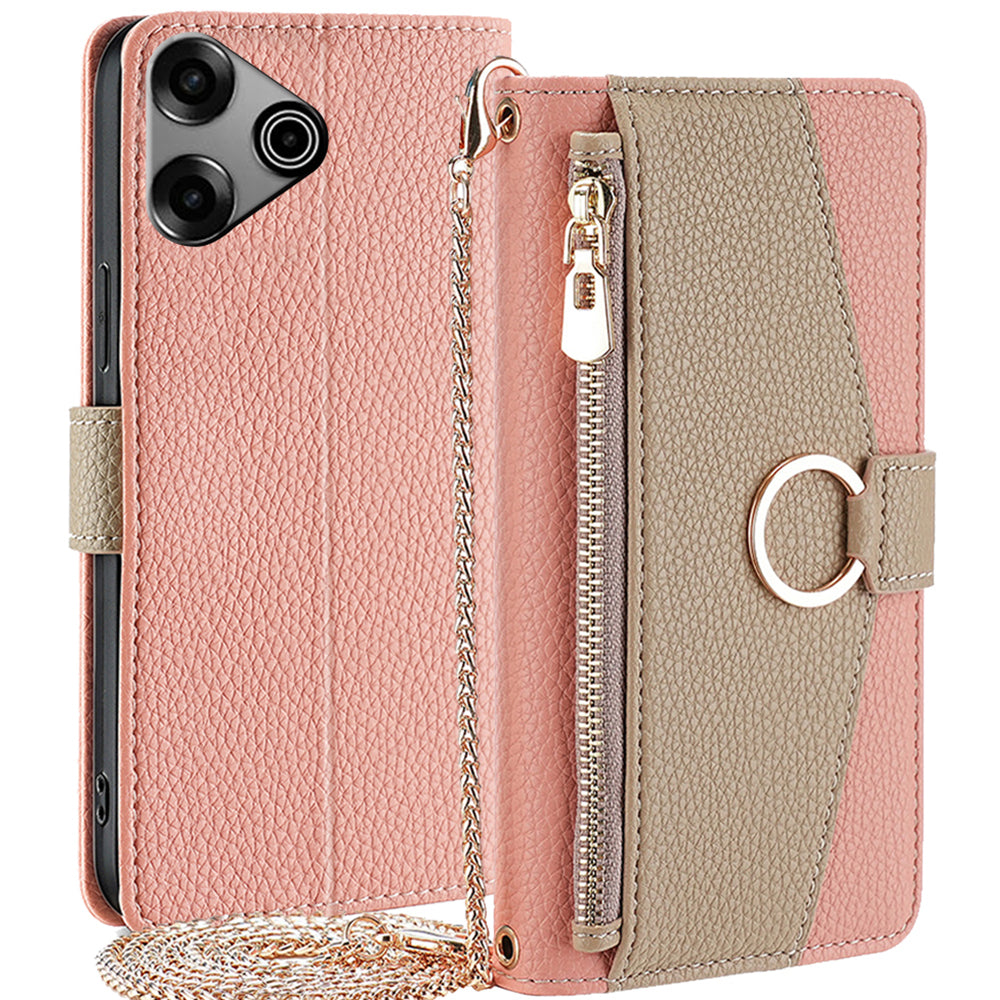 For Transsion Tecno Pova 6 Pro 5G Case Zipper Wallet Mirror Phone Leather Cover with Shoulder Strap - Pink