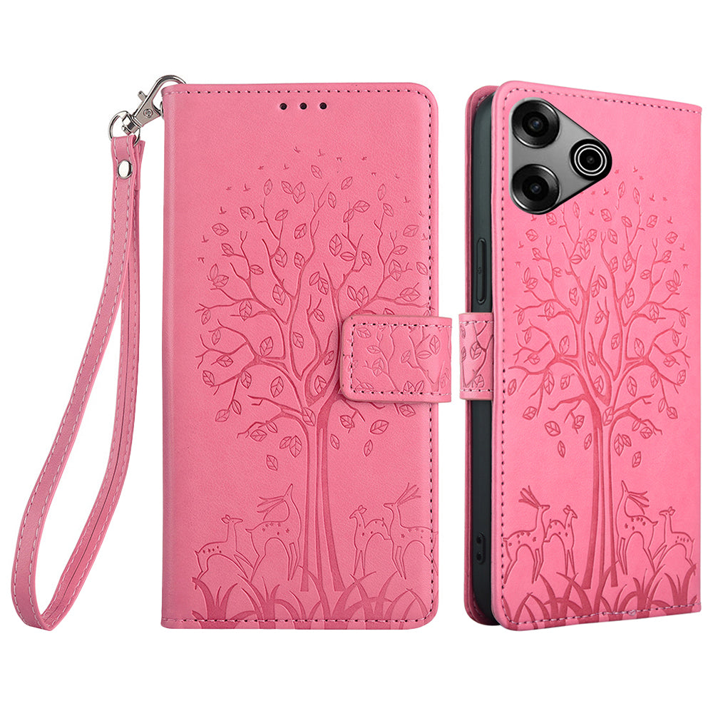 For Transsion Tecno Pova 6 Pro 5G Wallet Case Tree Imprinted Stand Leather Phone Cover - Pink