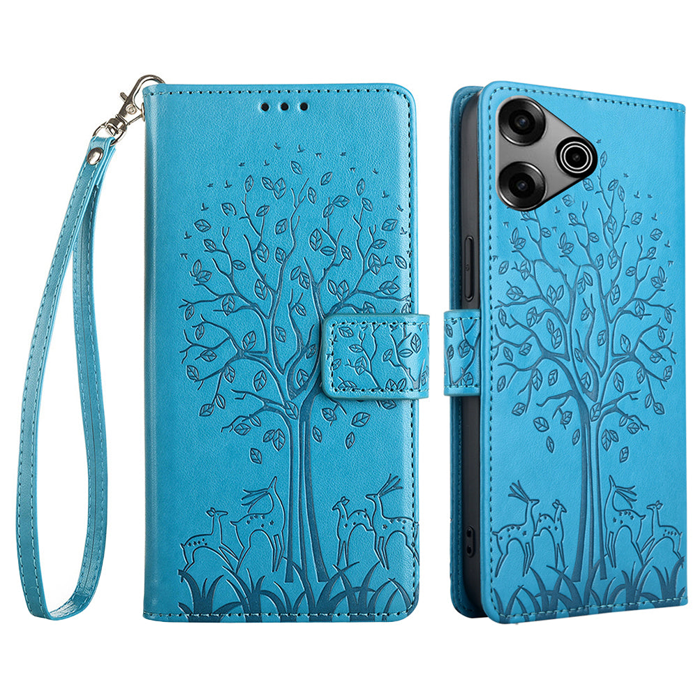 For Transsion Tecno Pova 6 Pro 5G Wallet Case Tree Imprinted Stand Leather Phone Cover - Blue