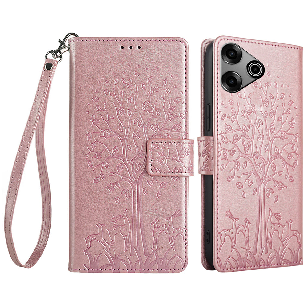 For Transsion Tecno Pova 6 Pro 5G Wallet Case Tree Imprinted Stand Leather Phone Cover - Rose Gold