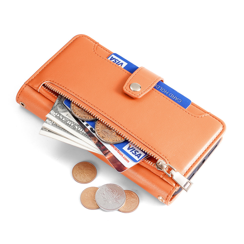 For Realme 12+ 5G Case Zipper Pocket Stand Phone Cover with Wrist Strap - Orange