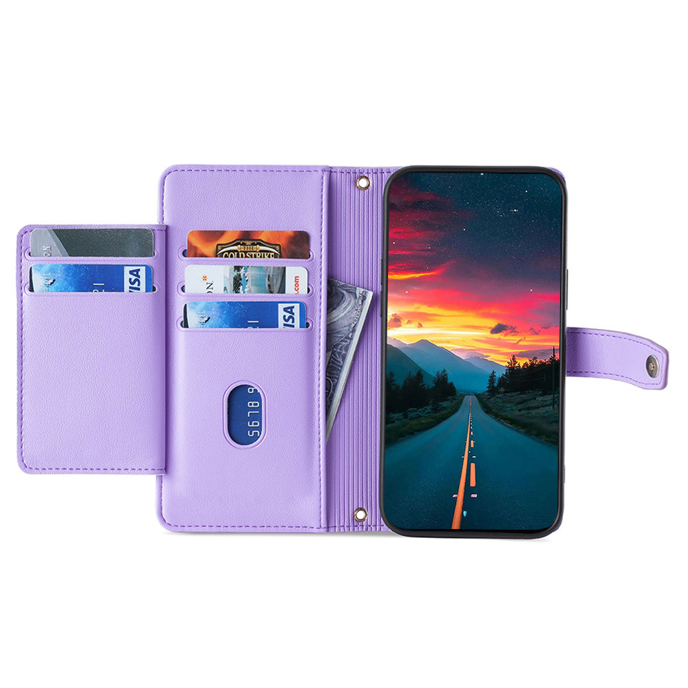 For Realme 12+ 5G Case Zipper Pocket Stand Phone Cover with Wrist Strap - Purple