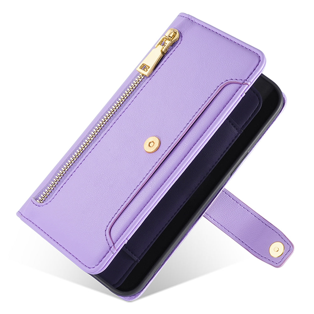 For Realme 12+ 5G Case Zipper Pocket Stand Phone Cover with Wrist Strap - Purple