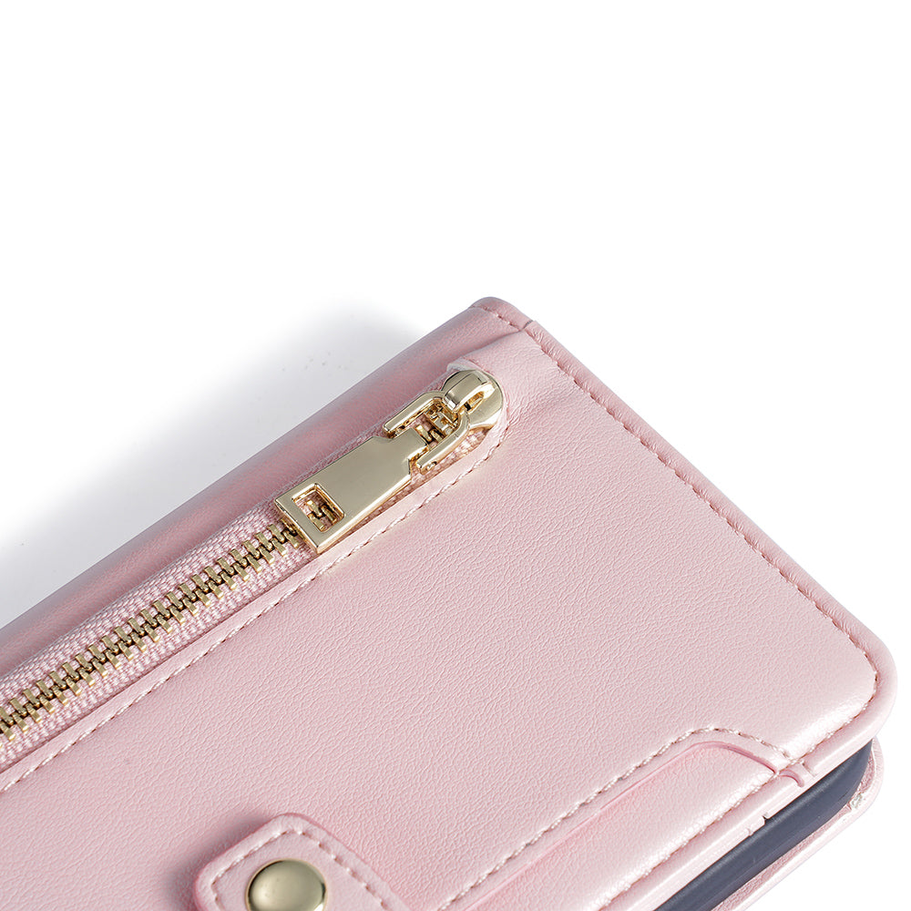 For Realme 12+ 5G Case Zipper Pocket Stand Phone Cover with Wrist Strap - Pink