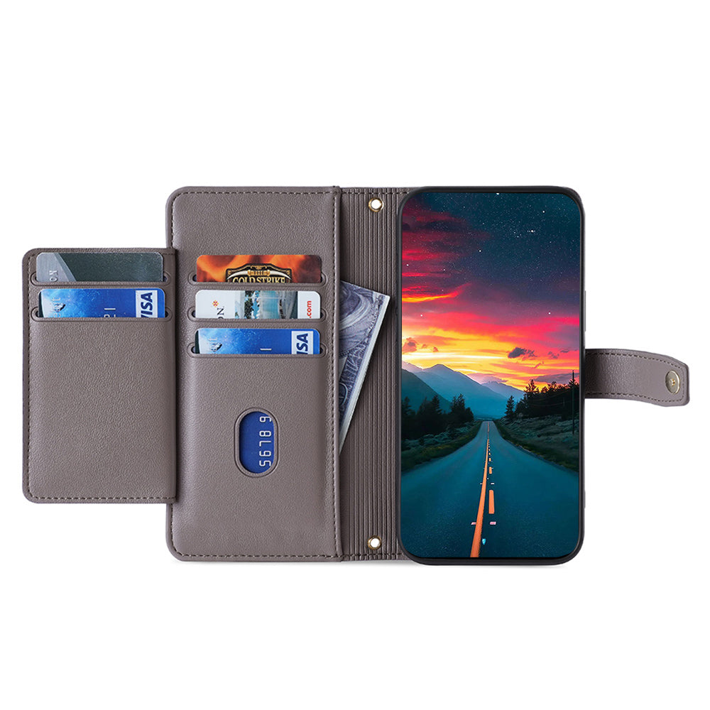 For Realme 12+ 5G Case Zipper Pocket Stand Phone Cover with Wrist Strap - Grey