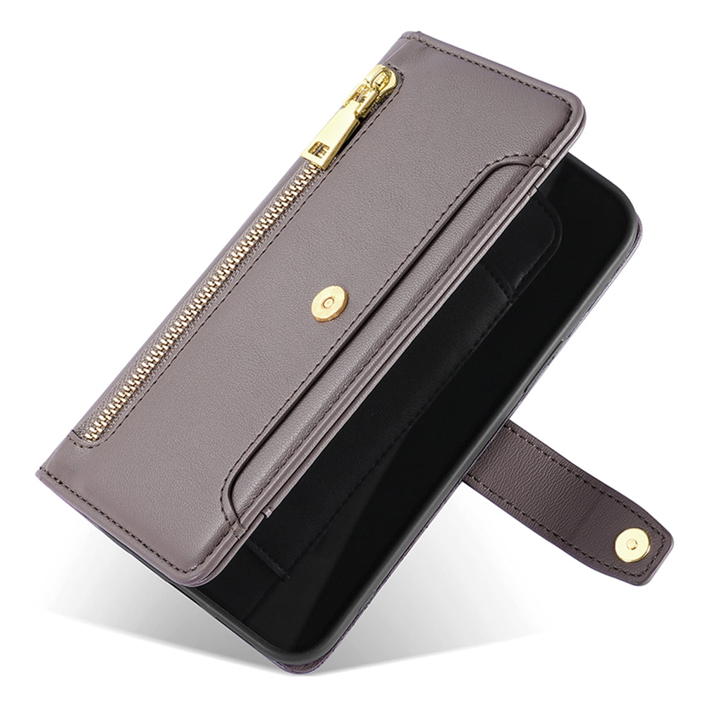 For Realme 12+ 5G Case Zipper Pocket Stand Phone Cover with Wrist Strap - Grey