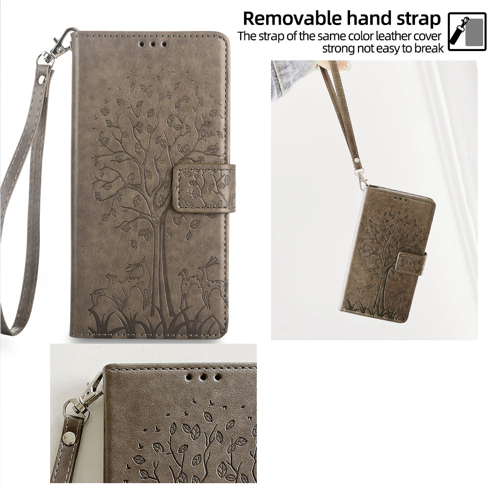 For Realme 12+ 5G Leather Case Tree Imprinted Stand Mobile Phone Cover - Grey