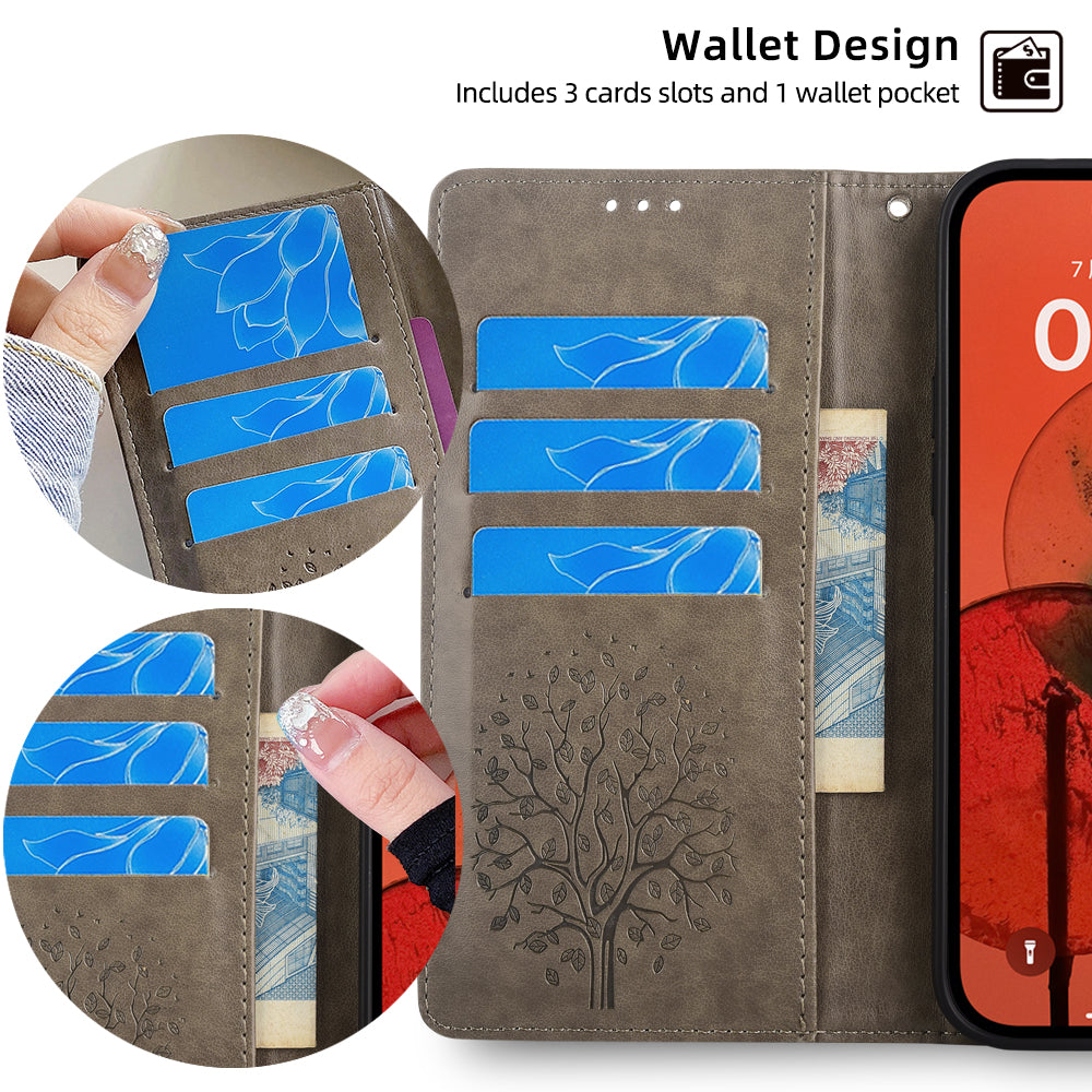 For Realme 12+ 5G Leather Case Tree Imprinted Stand Mobile Phone Cover - Grey