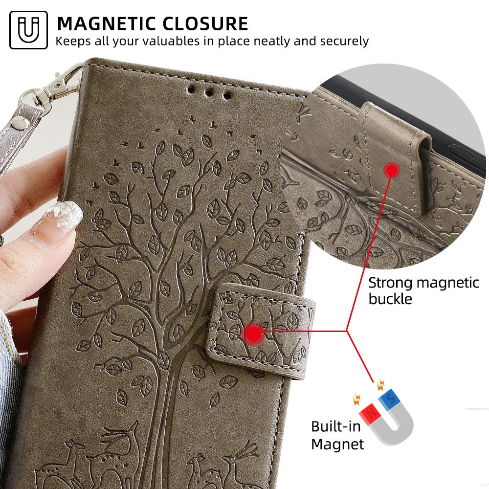 For Realme 12+ 5G Leather Case Tree Imprinted Stand Mobile Phone Cover - Grey