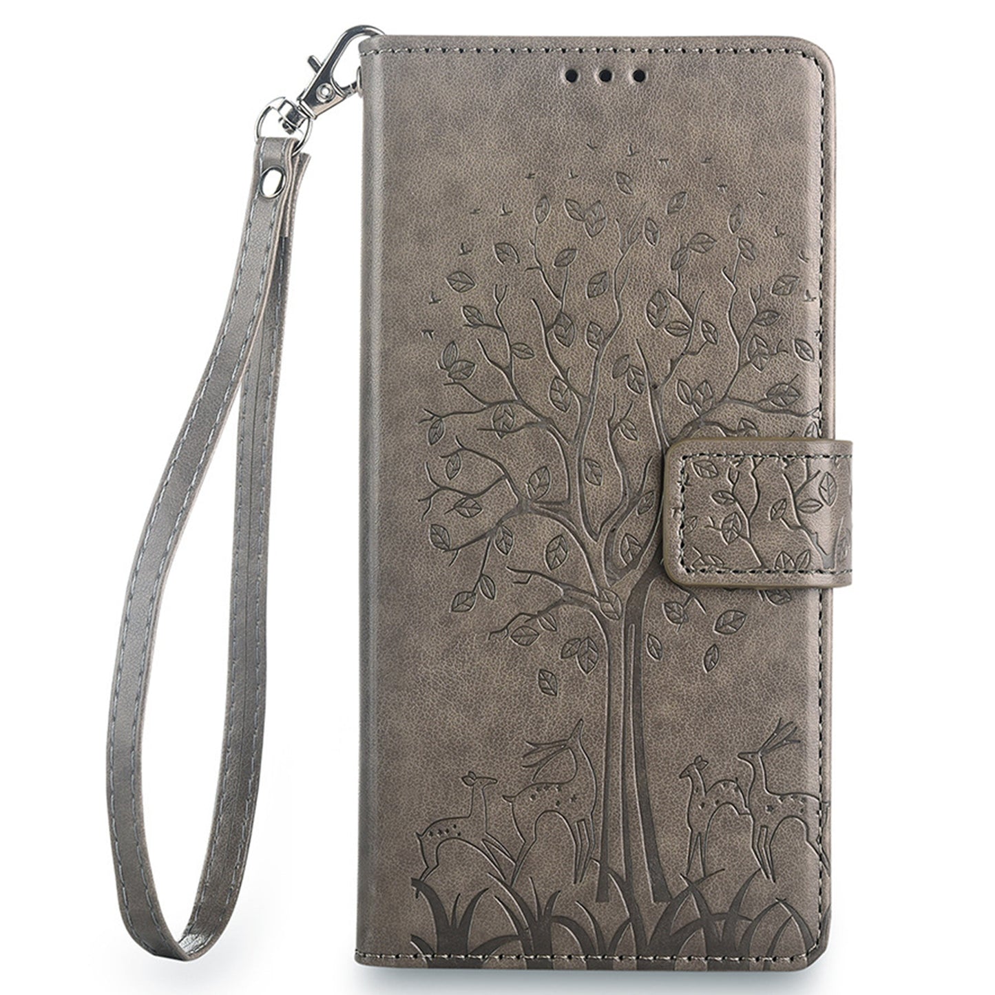 For Realme 12+ 5G Leather Case Tree Imprinted Stand Mobile Phone Cover - Grey