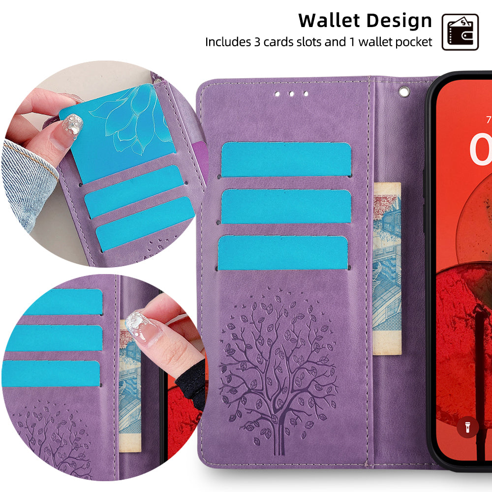 For Realme 12+ 5G Leather Case Tree Imprinted Stand Mobile Phone Cover - Purple