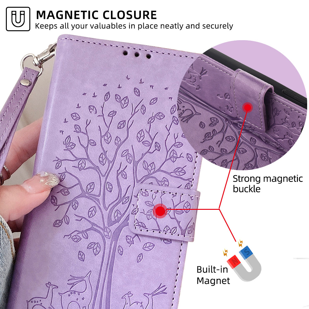 For Realme 12+ 5G Leather Case Tree Imprinted Stand Mobile Phone Cover - Purple
