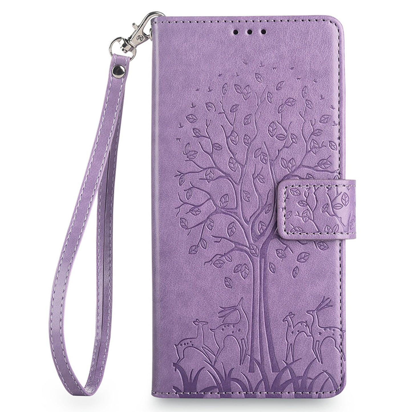 For Realme 12+ 5G Leather Case Tree Imprinted Stand Mobile Phone Cover - Purple