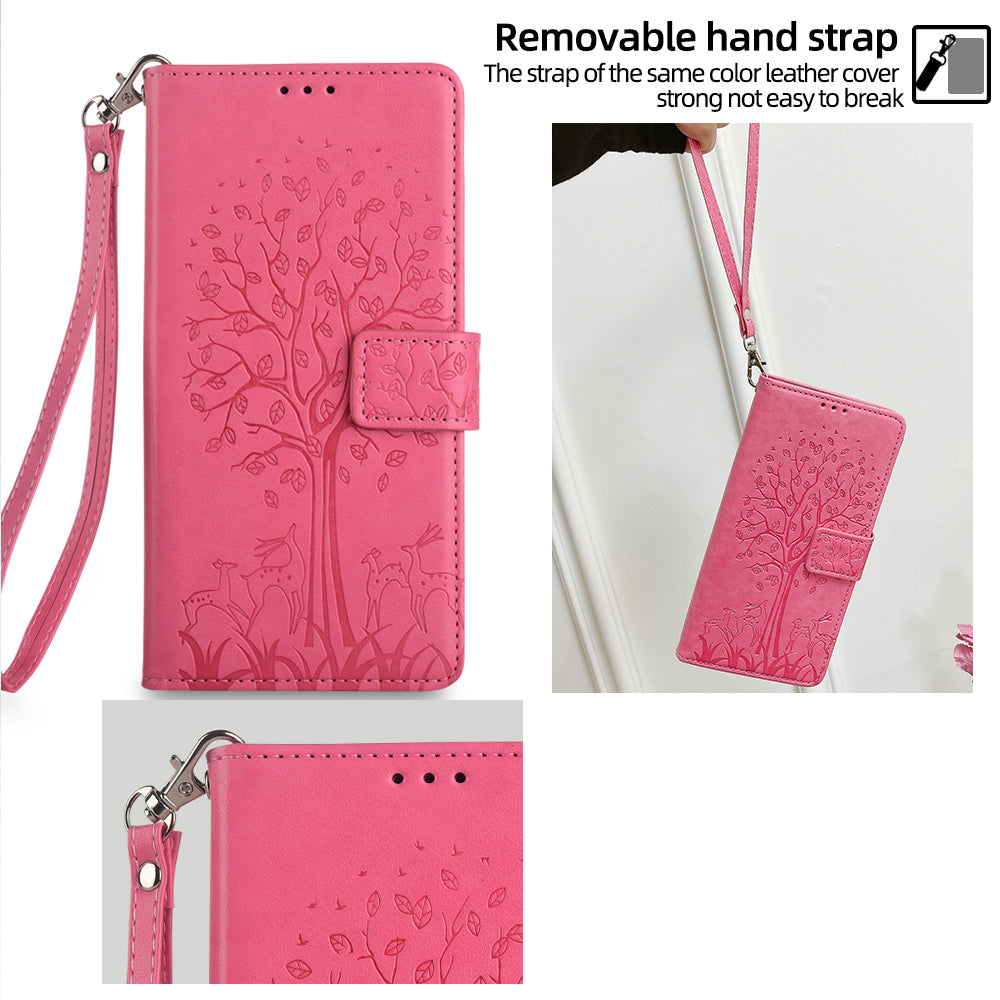For Realme 12+ 5G Leather Case Tree Imprinted Stand Mobile Phone Cover - Pink
