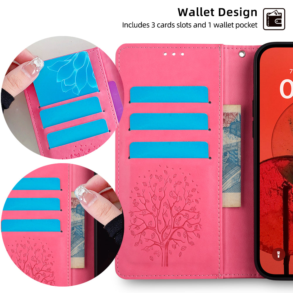 For Realme 12+ 5G Leather Case Tree Imprinted Stand Mobile Phone Cover - Pink