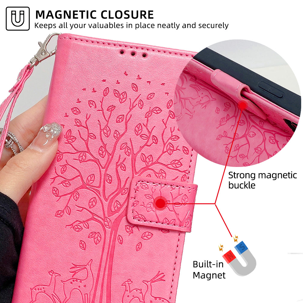 For Realme 12+ 5G Leather Case Tree Imprinted Stand Mobile Phone Cover - Pink