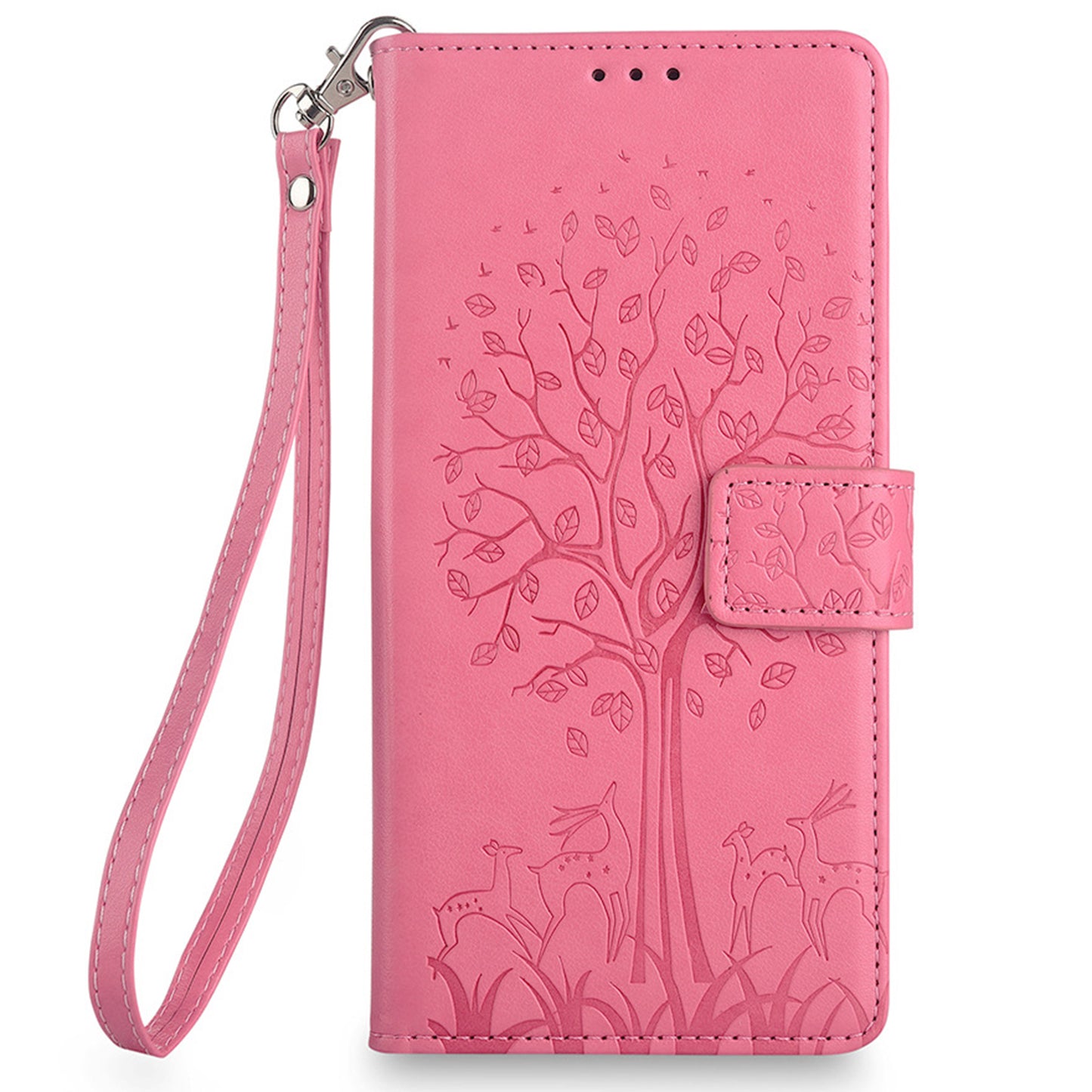 For Realme 12+ 5G Leather Case Tree Imprinted Stand Mobile Phone Cover - Pink