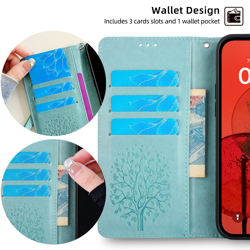 For Realme 12+ 5G Leather Case Tree Imprinted Stand Mobile Phone Cover - Green