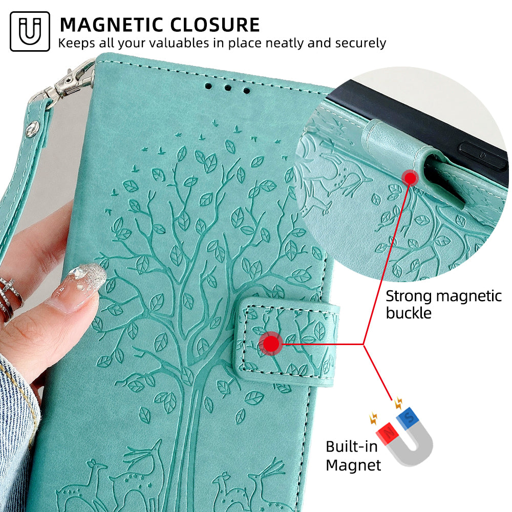 For Realme 12+ 5G Leather Case Tree Imprinted Stand Mobile Phone Cover - Green