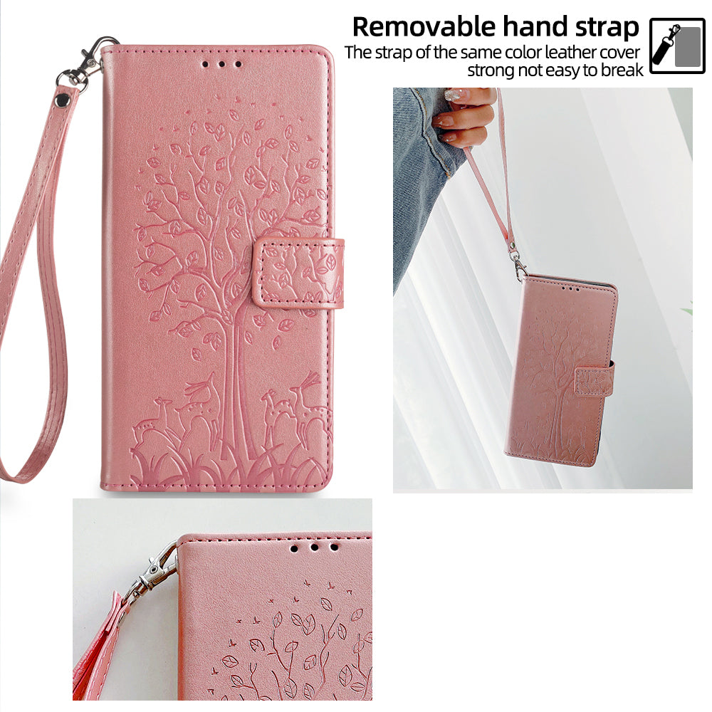 For Realme 12+ 5G Leather Case Tree Imprinted Stand Mobile Phone Cover - Rose Gold