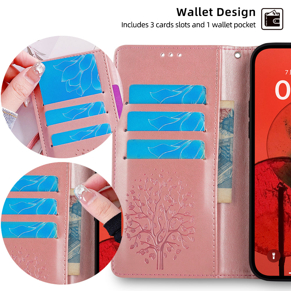 For Realme 12+ 5G Leather Case Tree Imprinted Stand Mobile Phone Cover - Rose Gold