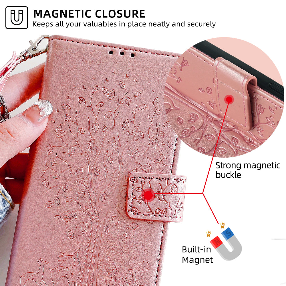 For Realme 12+ 5G Leather Case Tree Imprinted Stand Mobile Phone Cover - Rose Gold