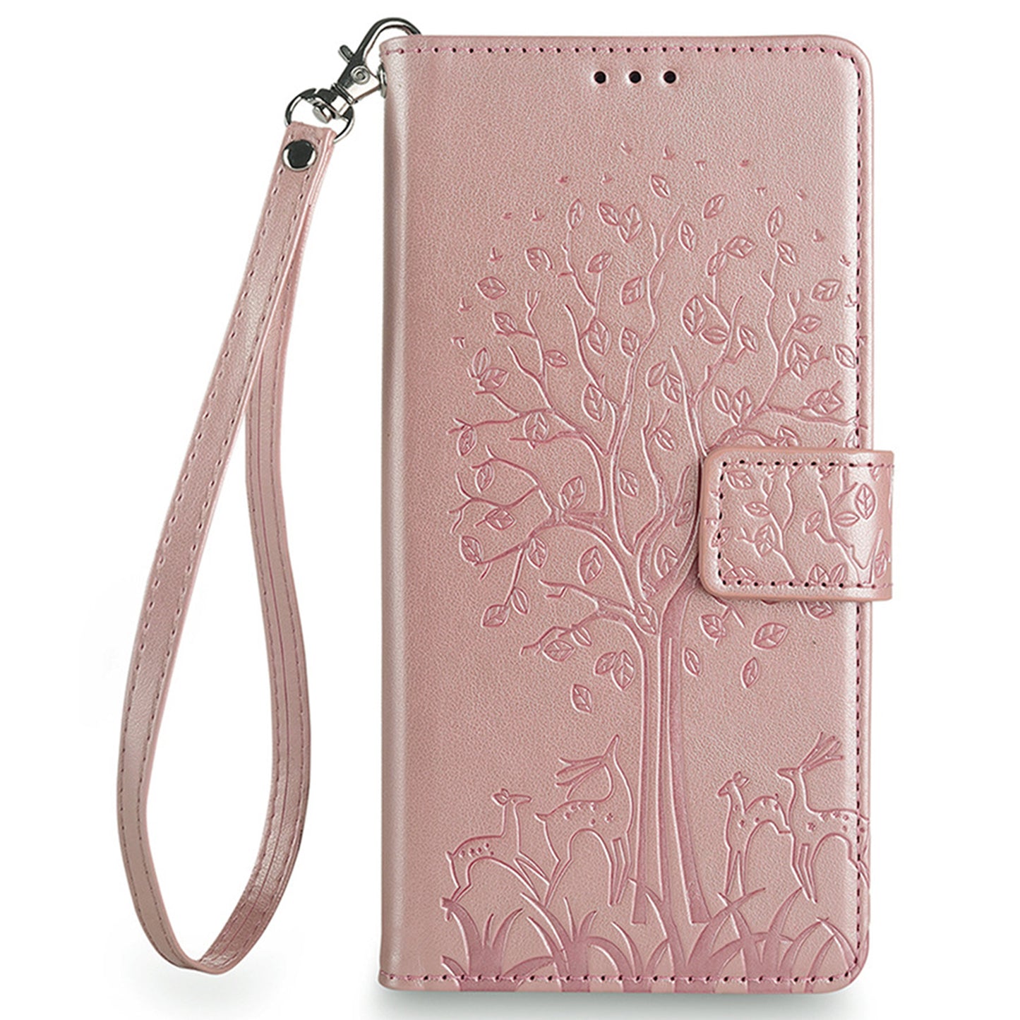 For Realme 12+ 5G Leather Case Tree Imprinted Stand Mobile Phone Cover - Rose Gold