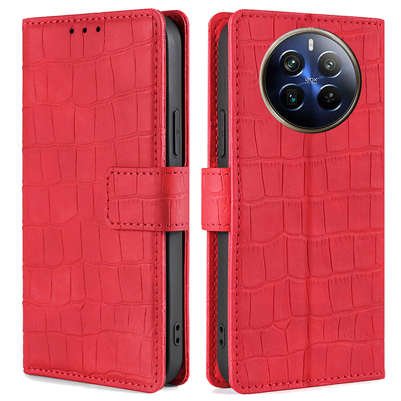 For Realme 12 Pro 5G / 12 Pro+ 5G Protective Case Crocodile Texture PU Leather Wallet Phone Cover - Red