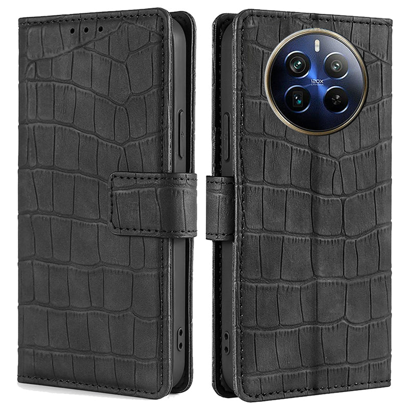 For Realme 12 Pro 5G / 12 Pro+ 5G Protective Case Crocodile Texture PU Leather Wallet Phone Cover - Black