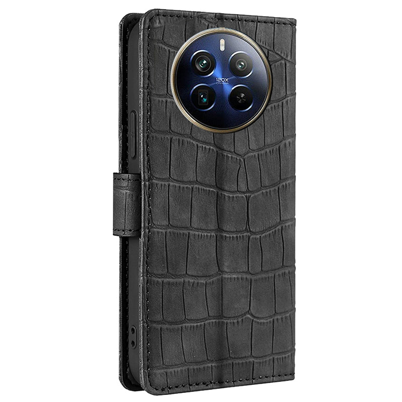 For Realme 12 Pro 5G / 12 Pro+ 5G Protective Case Crocodile Texture PU Leather Wallet Phone Cover - Black