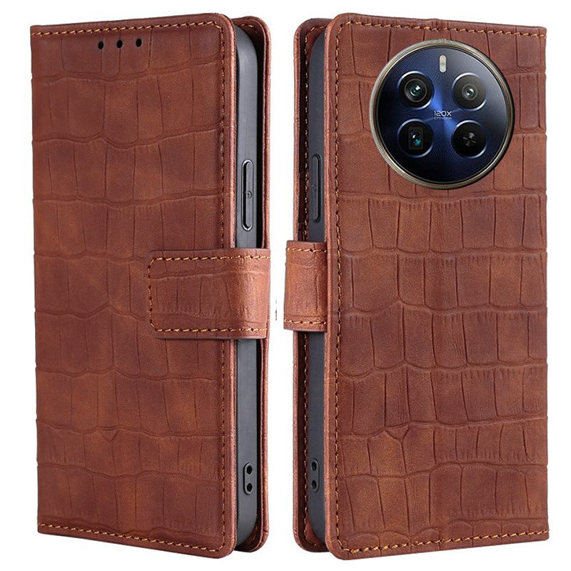 For Realme 12 Pro 5G / 12 Pro+ 5G Protective Case Crocodile Texture PU Leather Wallet Phone Cover - Brown