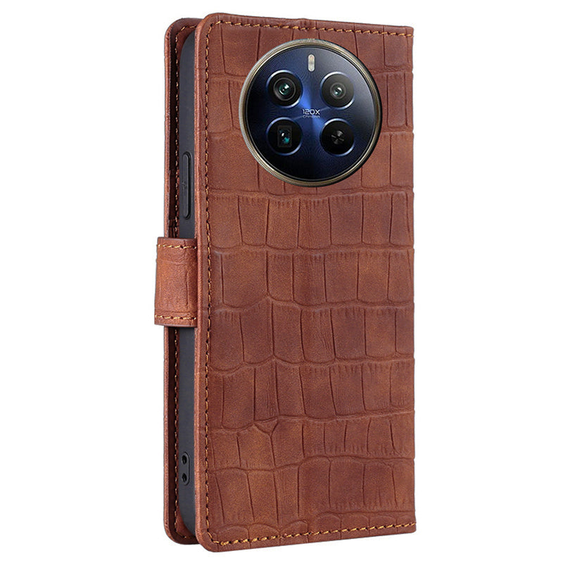 For Realme 12 Pro 5G / 12 Pro+ 5G Protective Case Crocodile Texture PU Leather Wallet Phone Cover - Brown
