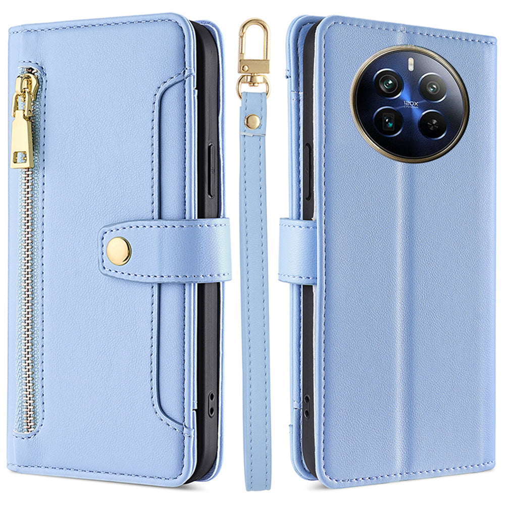 For Realme 12 Pro 5G / 12 Pro+ 5G Cell Phone Cases Zipper Pocket Leather Crossbody Cover - Blue