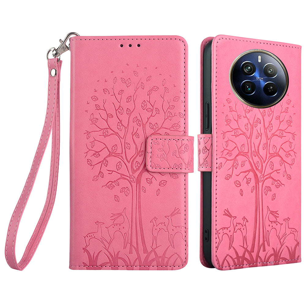 For Realme 12 Pro 5G / 12 Pro+ 5G Leather Case Tree Pattern Wallet Phone Cover - Pink