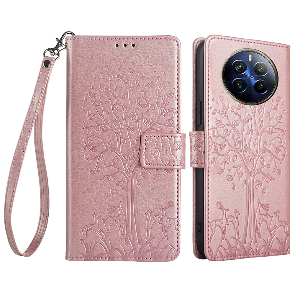 For Realme 12 Pro 5G / 12 Pro+ 5G Leather Case Tree Pattern Wallet Phone Cover - Rose Gold