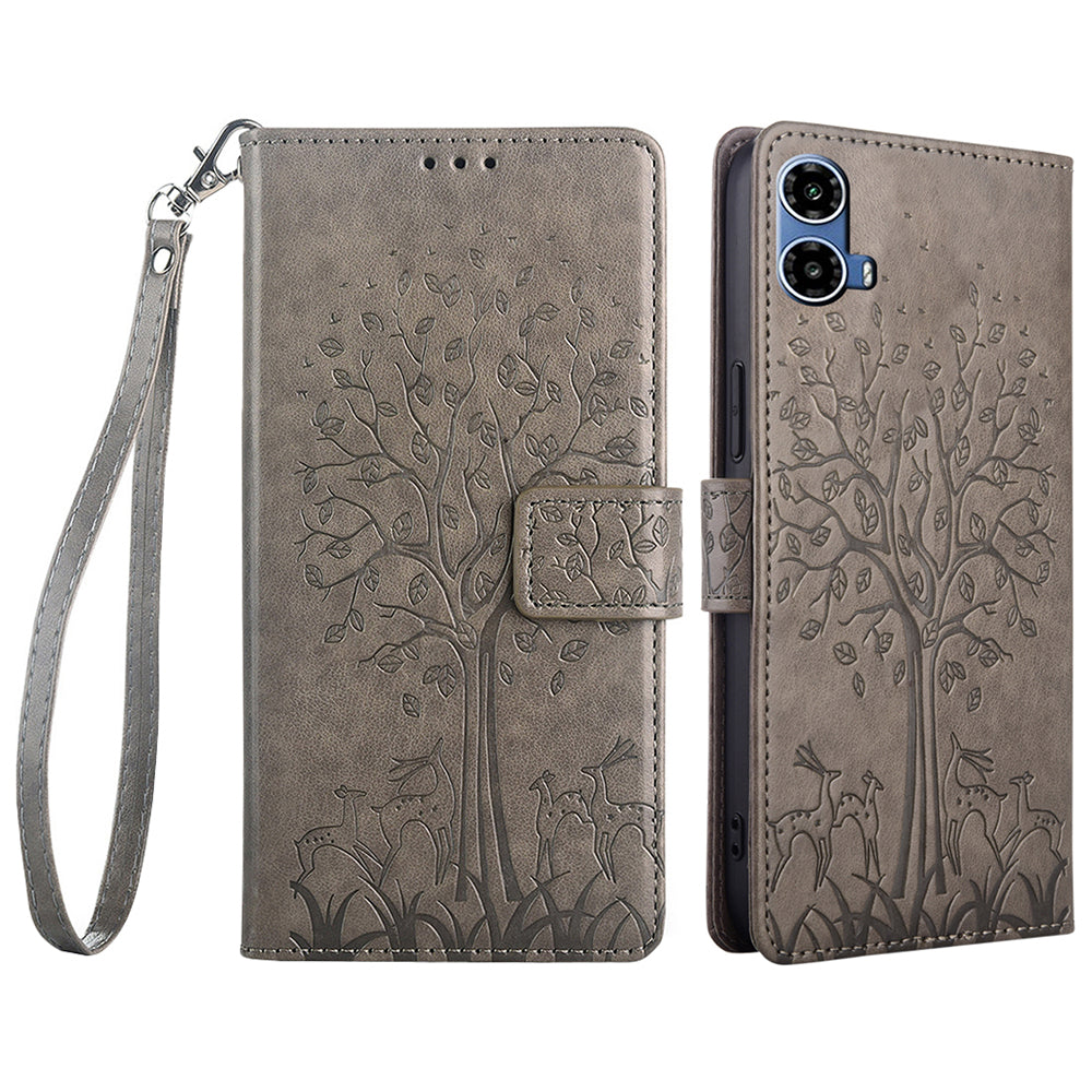 For Motorola Moto G34 5G Case Wallet Leather Phone Cover Imprinted Tree Pattern - Grey