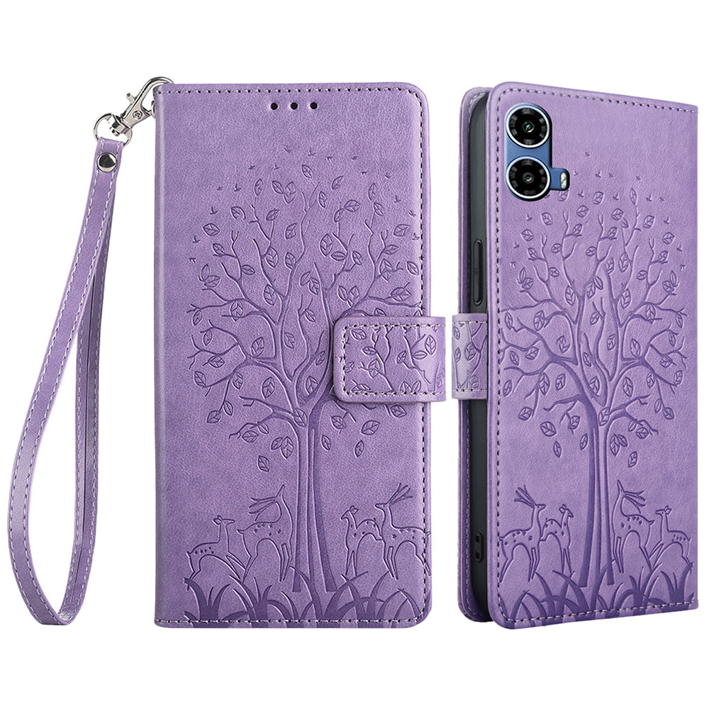 For Motorola Moto G34 5G Case Wallet Leather Phone Cover Imprinted Tree Pattern - Purple