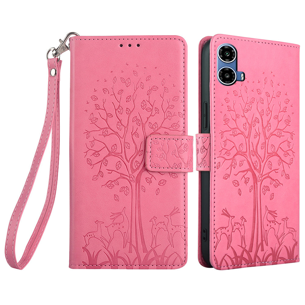 For Motorola Moto G34 5G Case Wallet Leather Phone Cover Imprinted Tree Pattern - Pink