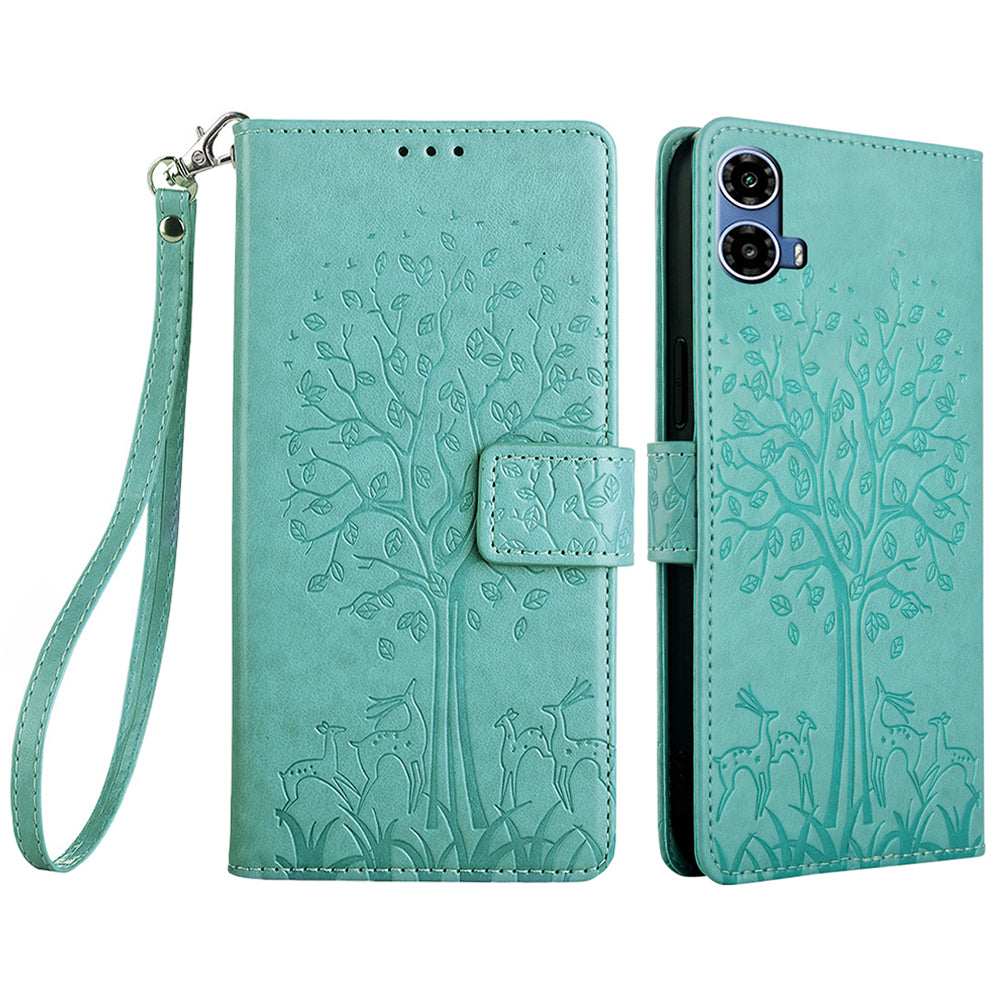 For Motorola Moto G34 5G Case Wallet Leather Phone Cover Imprinted Tree Pattern - Green