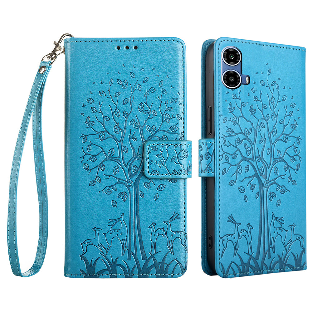 For Motorola Moto G34 5G Case Wallet Leather Phone Cover Imprinted Tree Pattern - Blue